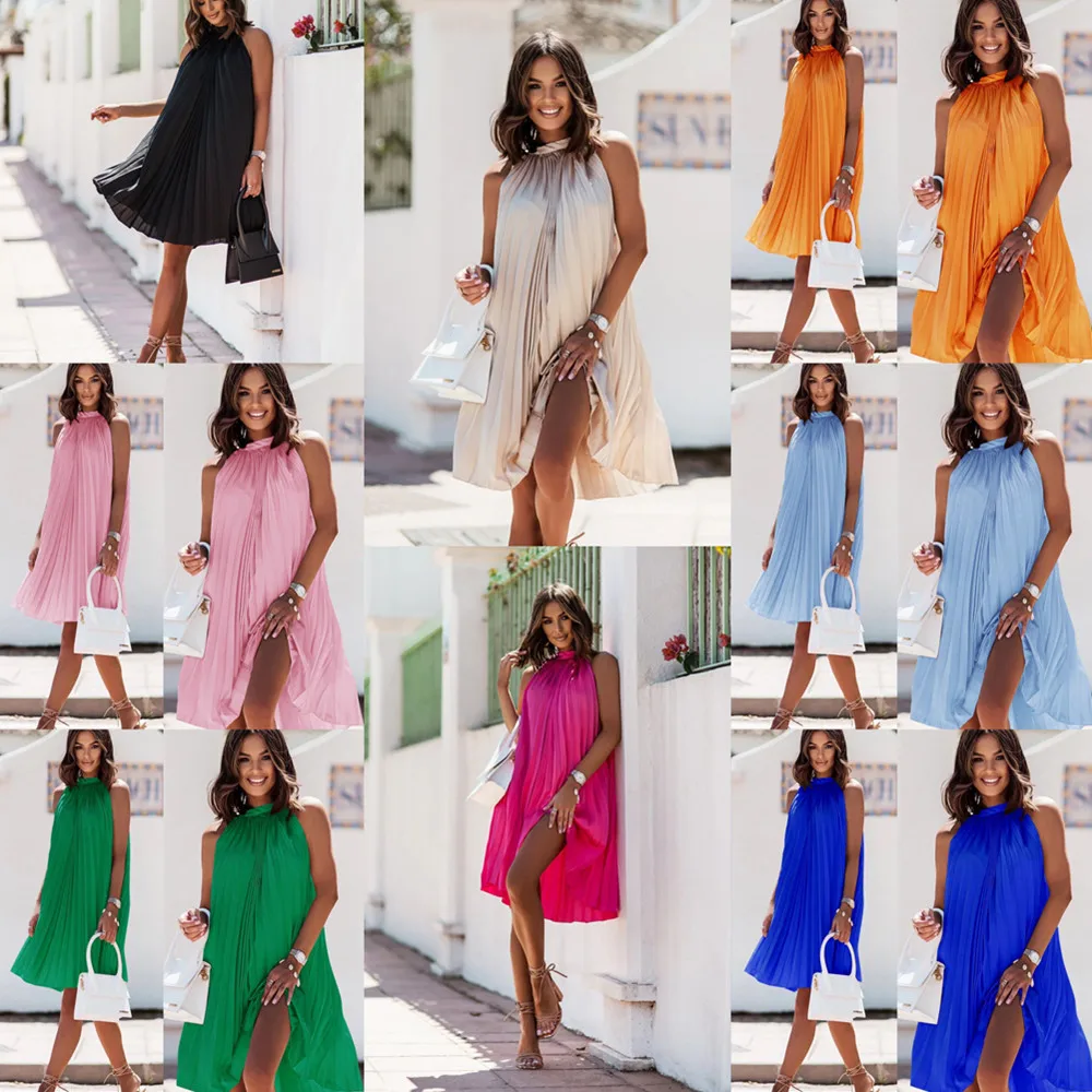 

Dresses for Women 2022 Fashion New Temperament Commuter Satin Solid Pleated Sleeveless Open Back Mini Party Dress