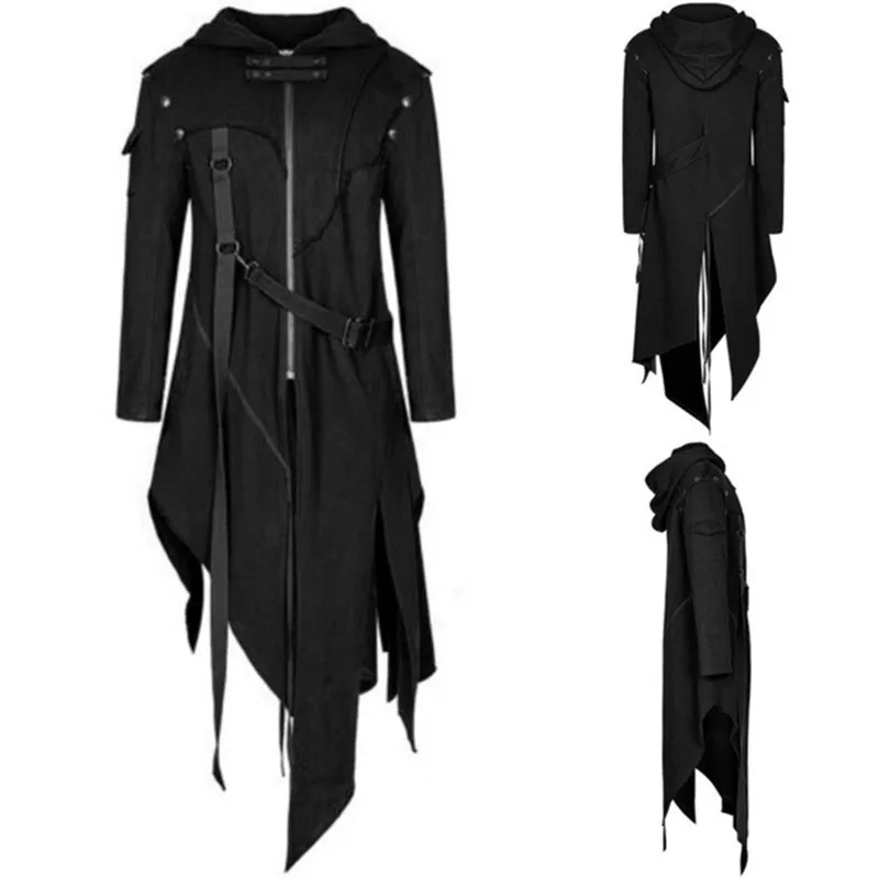 

2022 Men Coat Windbreaker Vintage Steampunk Hooded Cloak Men's Irregular Design Long Cardigan Street Punk Jackets