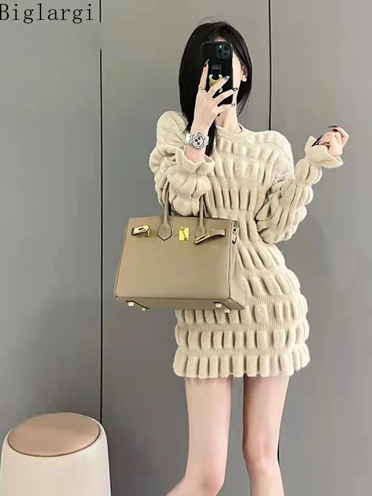 

2022 Korean Chic New Autumn Winter Knitted Sweater Dress Women Ladies Womens Casual Elegant Dresses Woman Sexy Mini Knit Dress