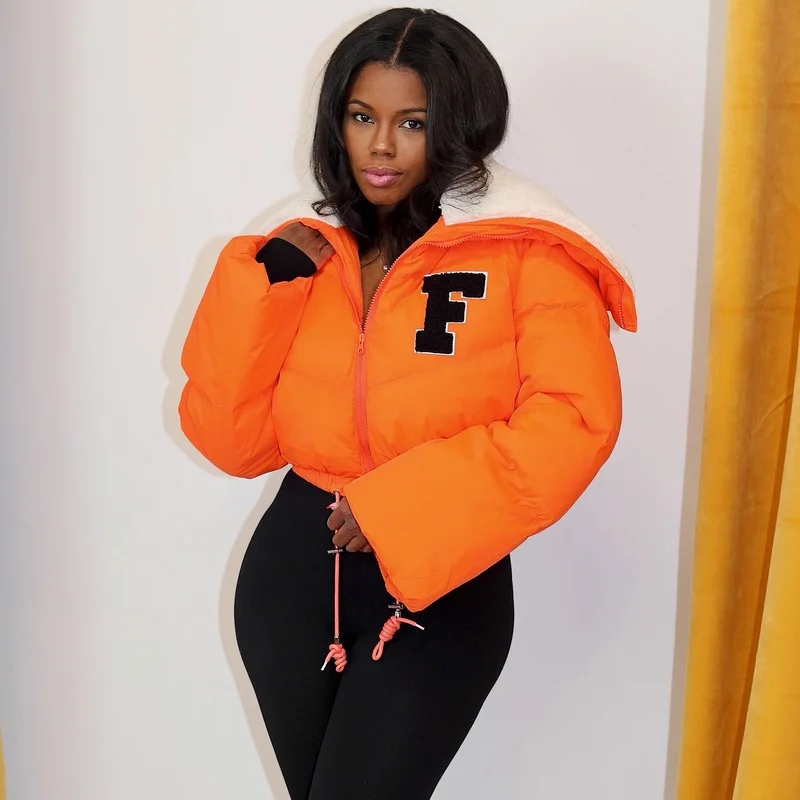 

Fleece Big Turn Down Collar Winter Jackets for Women Fashion Letter Embroidery Long Sleeve Zipper Drawstring Cotton Padded Coat