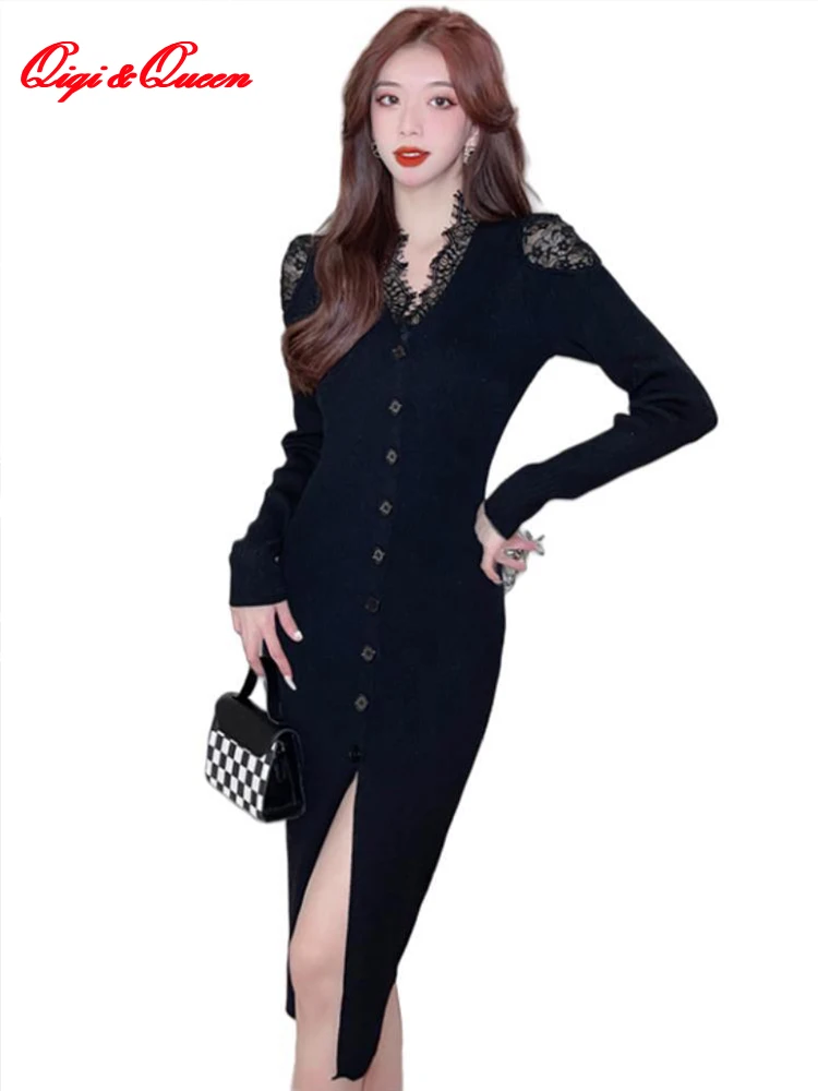 

Qiqi | & queen, зимнее женское платье с V-образным вырезом, кружевные вязаные платья, женские элегантные однобортные платья-карандаш с длинным рукавом