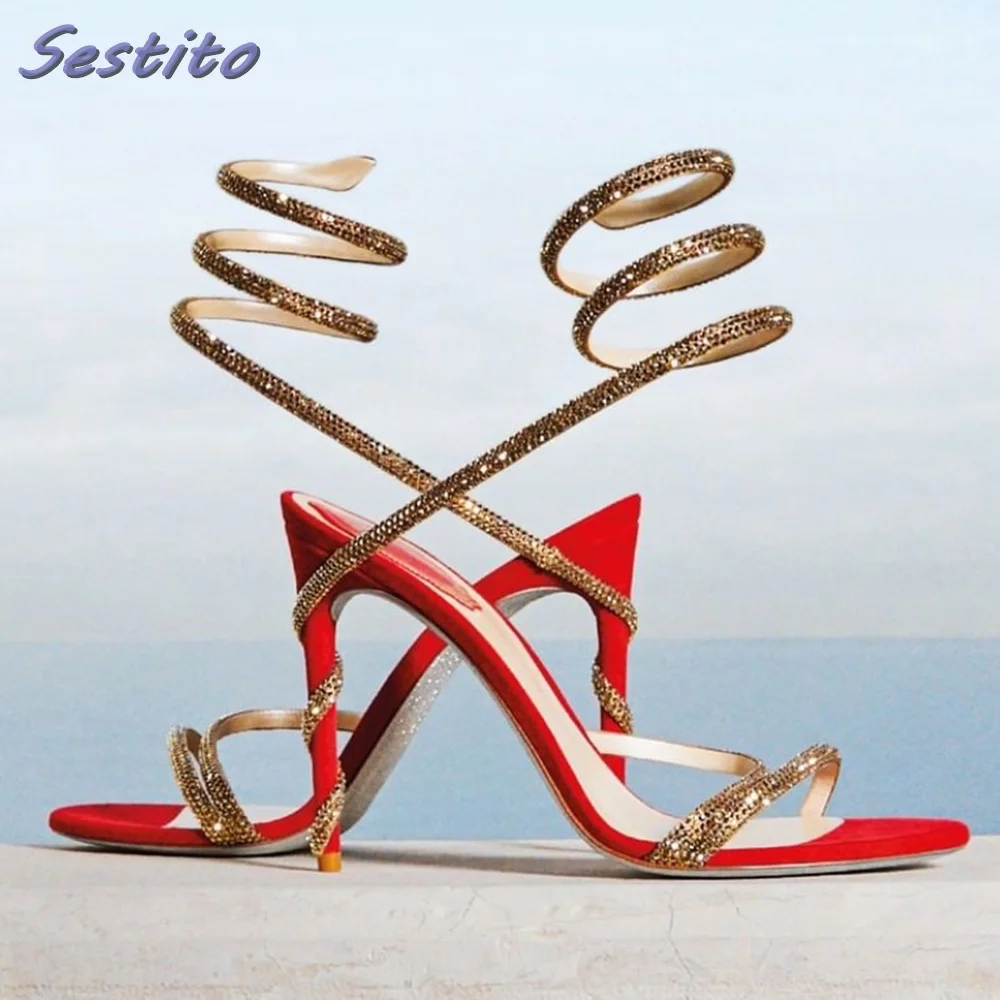 

Сандалии женские на шпильке, со змеиным принтом и кристаллами