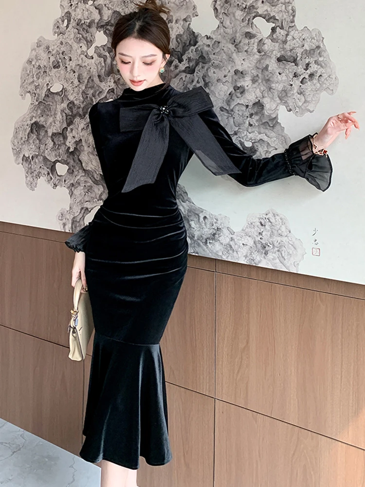 Темпераментные элегантные черные бархатные вечерние платья для женщин милое