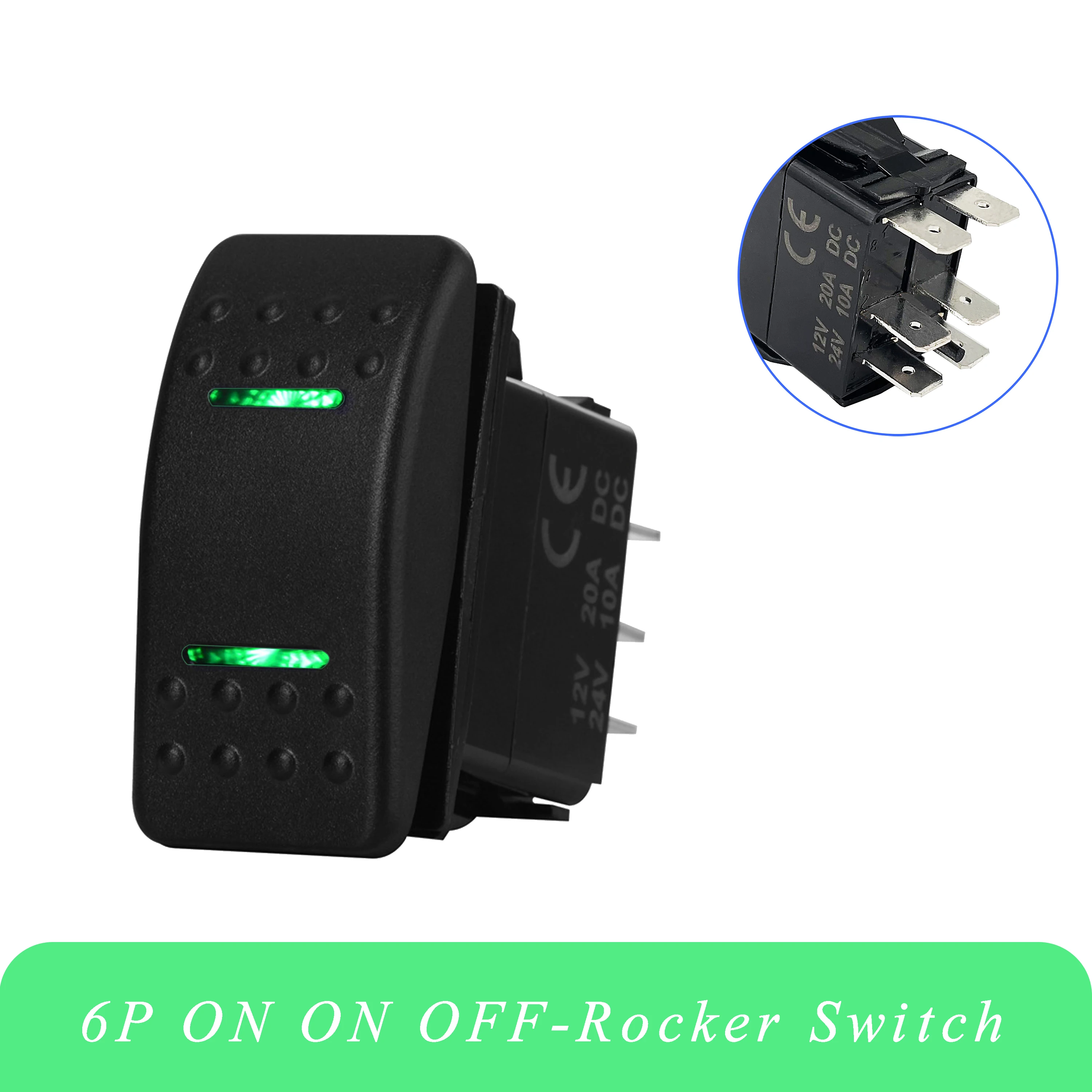 

12V 20A ON ON OFF Rocker Switch Green Led 6 Pin DPDT 3 Positions Waterproof IP68 For Car Boat Automatives