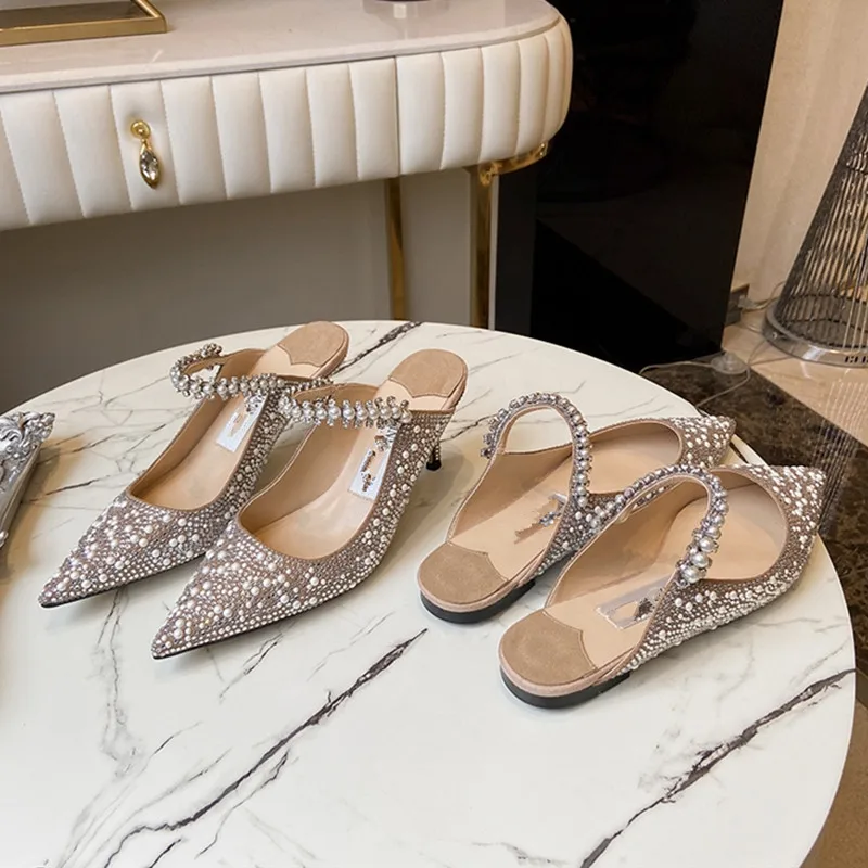 Shallow Mouth Women's Single Shoes Spring and Autumn 2023 New High Heel Muller Pointed Fashion Pearl Rhinestone Mary Jane Shoes