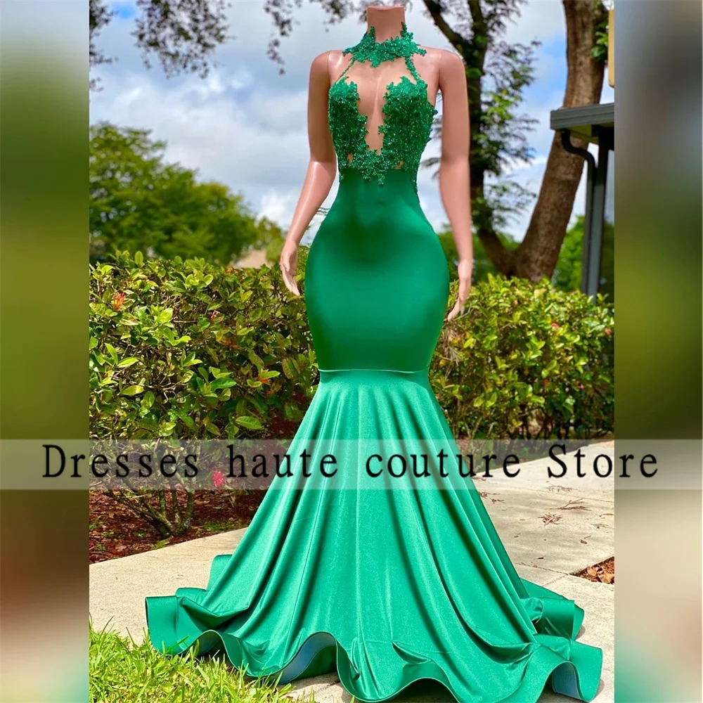

Sexy Greem Satin Mermiad Prom Dresses 2023 For Black Girls Halter Backless Beaded Formal Party Gowns Evening Dresses