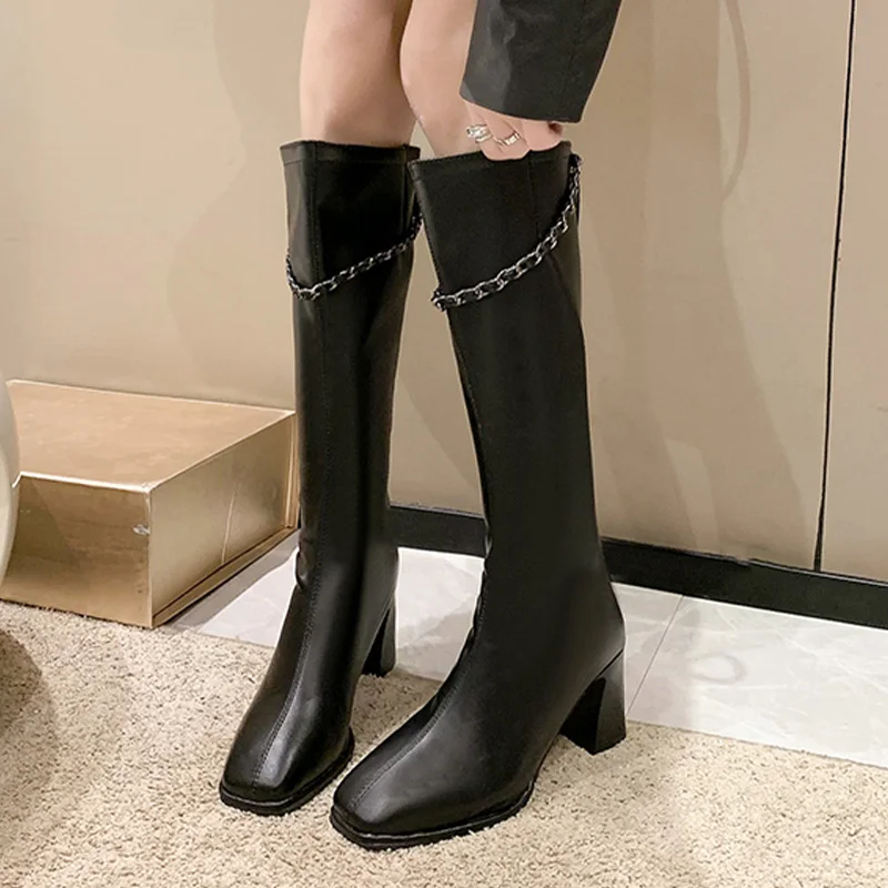 

2023 New Chunky Zipper Knee High Winter Chain Chelsea Boots Women High Heels Fashion Shoes Square Toe Pumps Luxury Mujer Botas