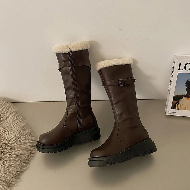 2023 Winter New Women Knight Boots Female Pu Fashion Platform Plush Knee High Boots Ladies Soild Buckle Straps Keep Warm Shoes