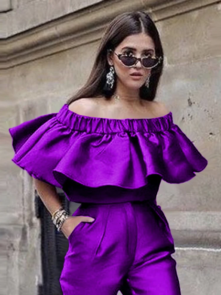 Pullover Tops Women Off Shoulder Shiny Purple Ruffles High Street Summer Blouse Evening Cocktial Event Stylish Shirts Blouses XL