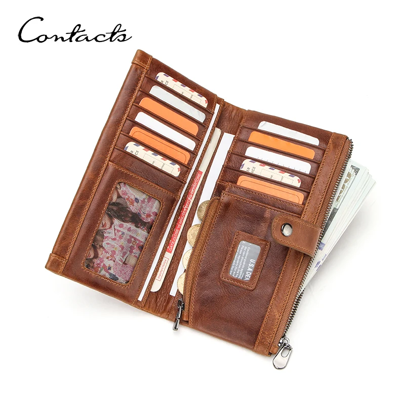 

CONTACT'S Genuine Leather Long Bifold RFID Men Wallet SD-SIM Card Slot Zipper Coin Pocket Phone Bag Card Holder Male Money Clip