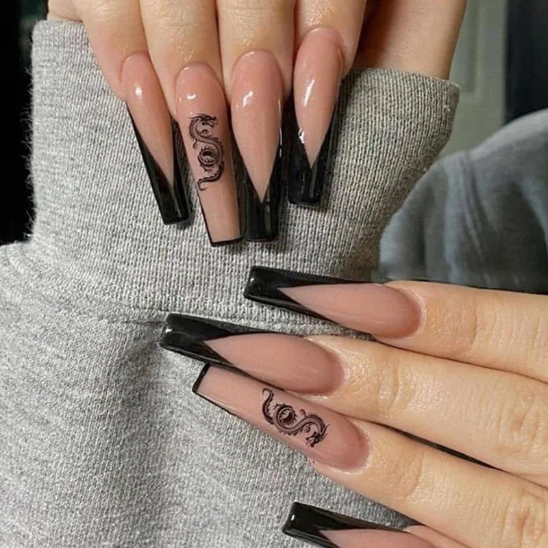 

24pcs Long Press on Nail Black Pink Ballet French Fake Nails with Glue Designs Tips Reusable Press on Acrylic Almond False Nails