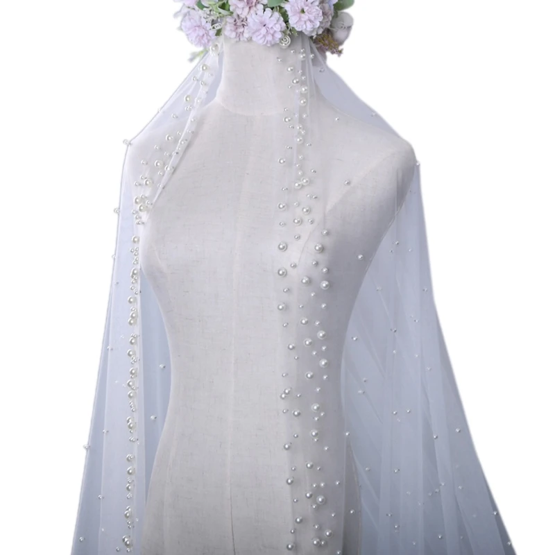 

Wedding Bridal Veil Sheer Tulle Veils with Multiple Pearls Hair Accessories for Bride 1 Tier Cathedral Length Cut Edge