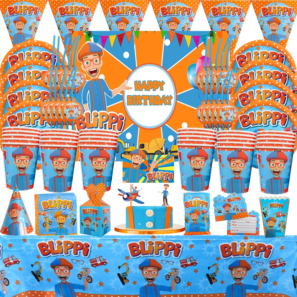 

Blippi Theme Birthday party Tablecloth Kid Favor Birthday Pack Event Party Cups Plates Baby Shower Disposable Tableware Sets