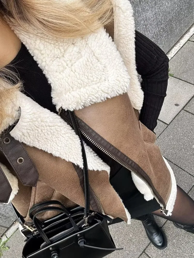 us zimowa kieszeń na zamek błyskawiczny Vestidos kobiece bez rękawów klapa wysokiej talii Patchwork kontrastowa obcisła odzież wierzchnia dla