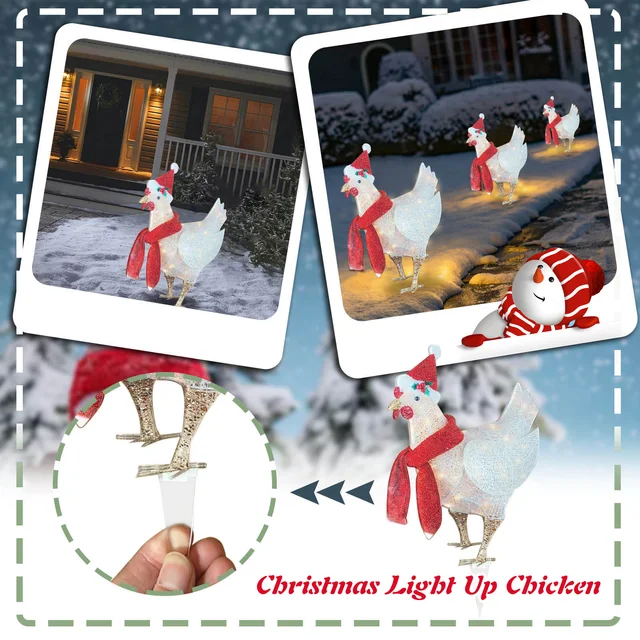 Chicken Christmas Ornaments LED Light Rooster Animal Garden Stakes Acrylic Xmas Atmosphere Holiday Decoration for Festival Party 2