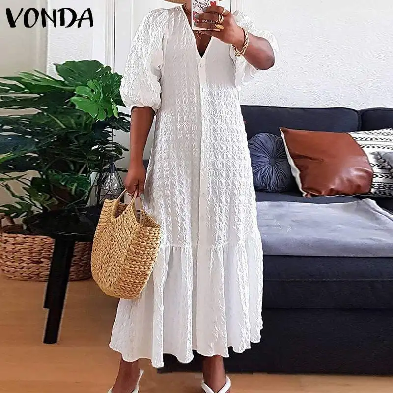 

VONDA 2022 Bohemian Party Vestidos Robe Women Fashion Shirt Dress Femme Summer Casual Half Sleeve V Neck Party Maxi Long Dresses