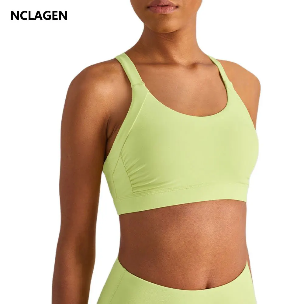 

NCLAGEN Sports Bra High Support New Wrinkle Gathering Crop Top Women Beautiful Back Cross Fitness Underwear Push-up Gym Vest