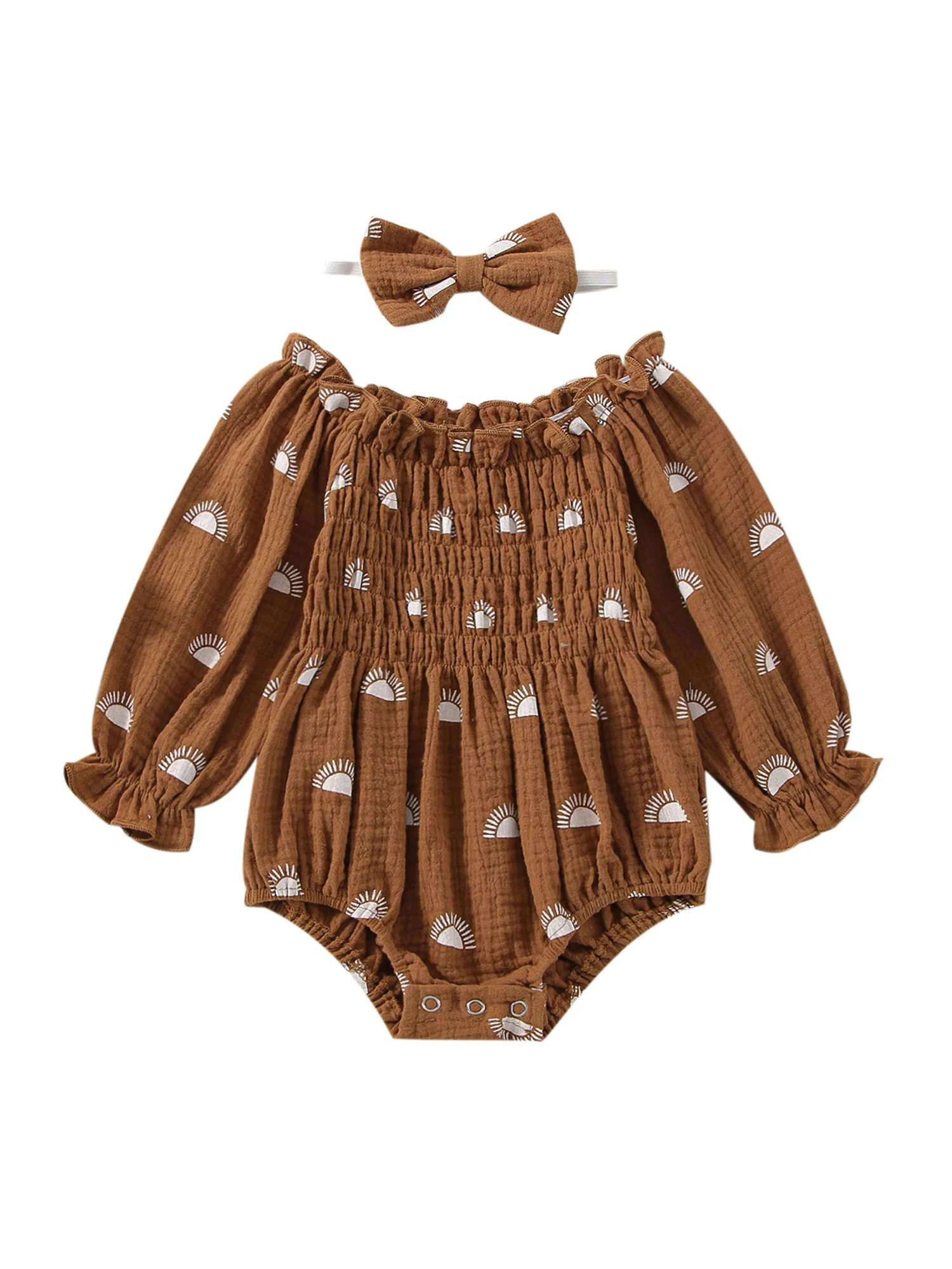 

2Pcs Baby Girl Fall Outfit Sun Print Ruffled Boat Neck Long Sleeve Romper Hairband Set for Toddlers 0-24 Months