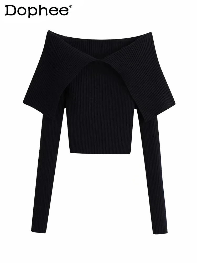 

2022 new autumn and winter fashion women clothe slash collar full sleeves knitting pullover short top