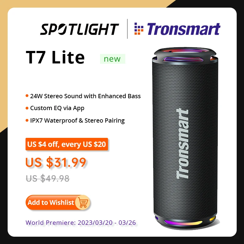 Tronsmart T7 Lite Bluetooth Speaker Enhanced Bass Portable Speaker with 24H Playtime, APP Control, IPX7 Waterproof for Camping