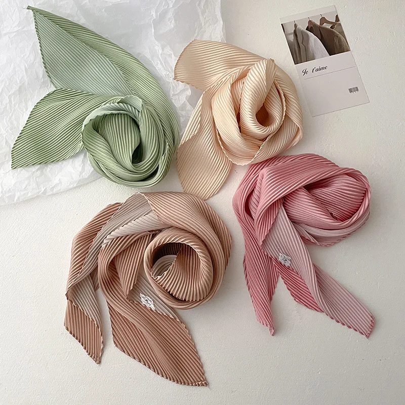 Fashion Candy Color Pleated Silk Neck Scarf Luxury Brand Hair Tie Scarves Foulard Headband Shawls and Wraps Neckerchief 130*10Cm images - 6