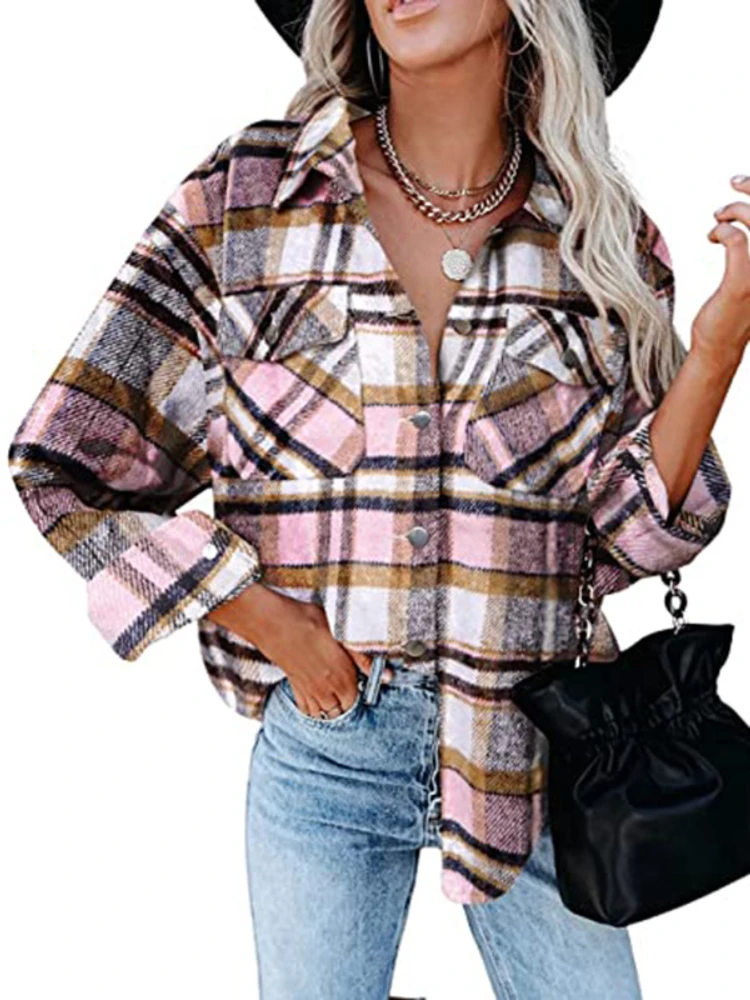 

Women Long Sleeve Colorful Loose Pocket Cardigan Plaid Shirt for Spring