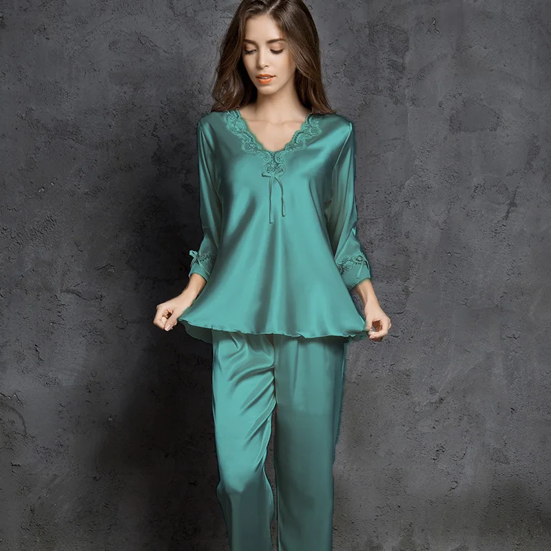 Spring and Autumn Ice Silk Sexy Lace Simple Imitation Silk Pajamas Ladies Summer Silk Pajamas Set Home Service Women