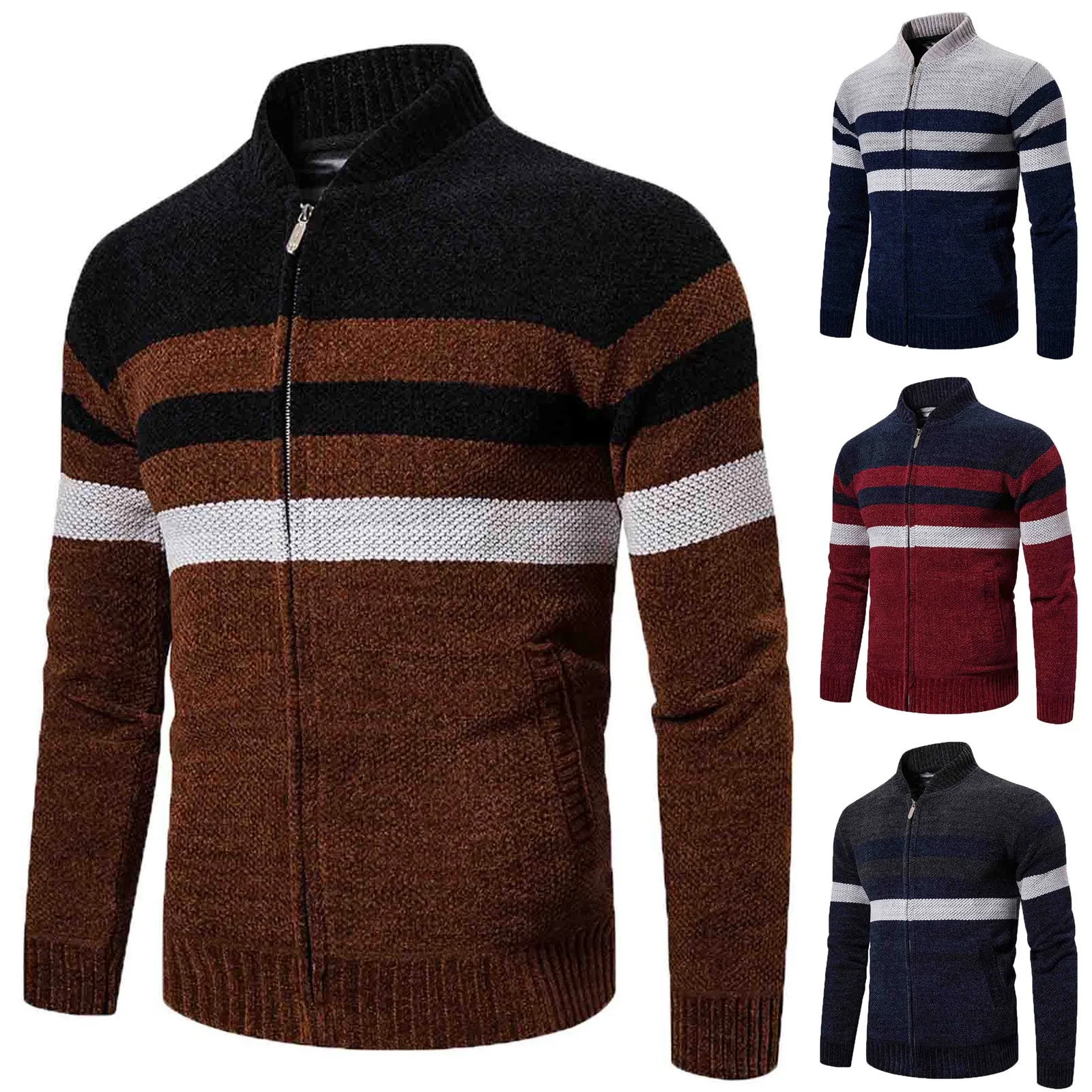 

Color Block Sweater Zipper Cardiagn Sweaters Autumn Winter Pullovers Long Sleeve Sweaters For Men Simple Dailywear Pull Homme