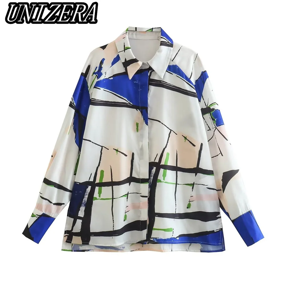 

UNIZERA Autumn and Winter New Women's Clothing Geometric Pattern Printing Lapel Long-sleeved Silk Satin Texture Shirt 8833294