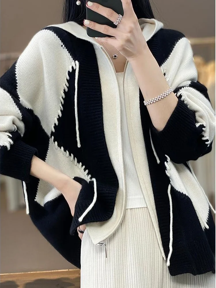 Флисовый кардиган с капюшоном в стиле ретро женский осенний новый свободный