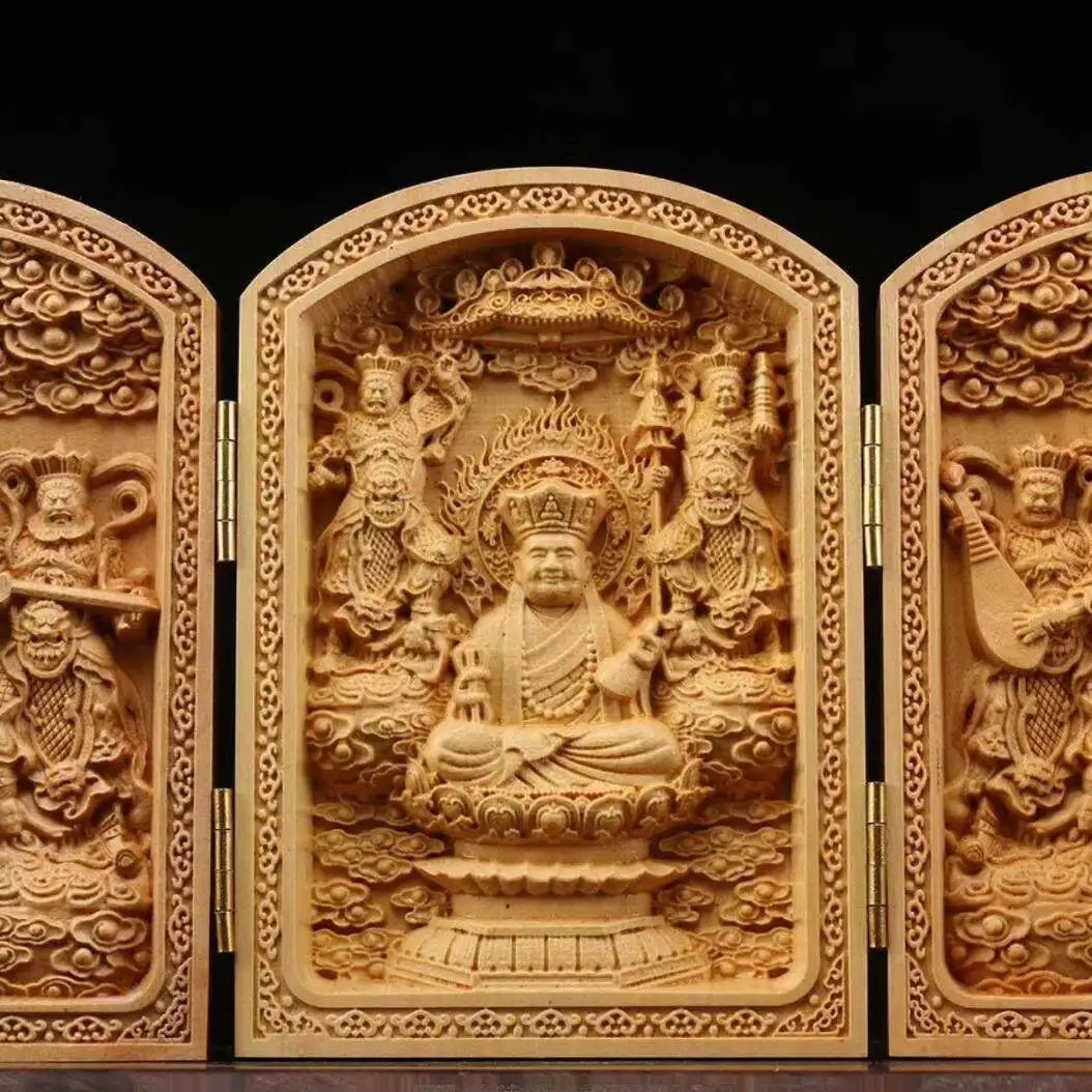 Фото Резная статуэтка Будды из палисандра (CZ boxwood) для дома, портативный футляр, Гуаньинь, Гуань Гунфанг, три священных символа, три открывающихся отсека. №1