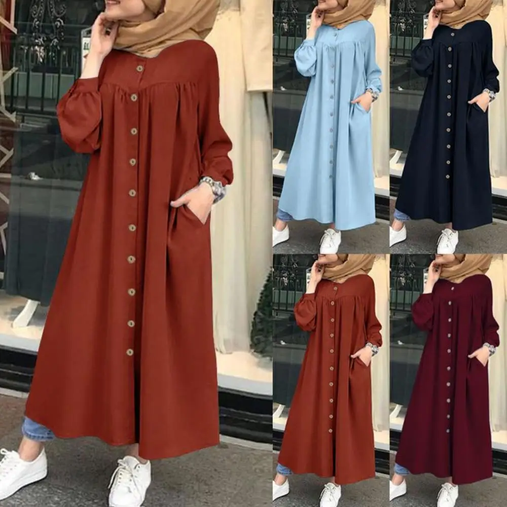 

Plus Size 4xl Women Autumn Winter Long Puff Sleeve Buttons Pockets Loose Maxi Shirt Dress Robe Women Vestidos