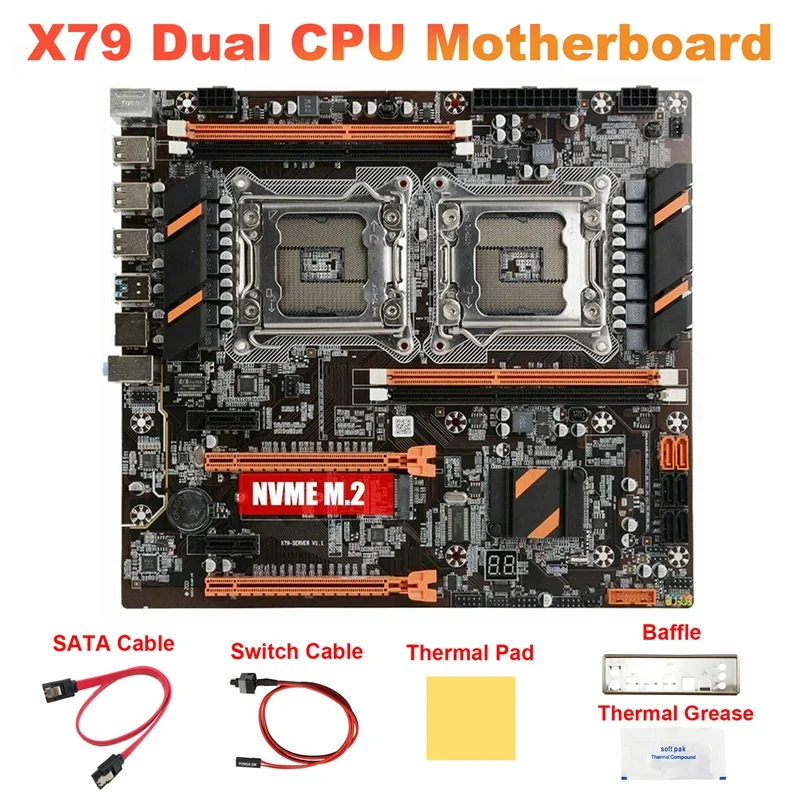 

X79 Dual CPU Motherboard +SATA Cable+Switch Cable+Baffle +Thermal Grease+Thermal Pad M.2 NVME LGA2011 (Black,1 Set)