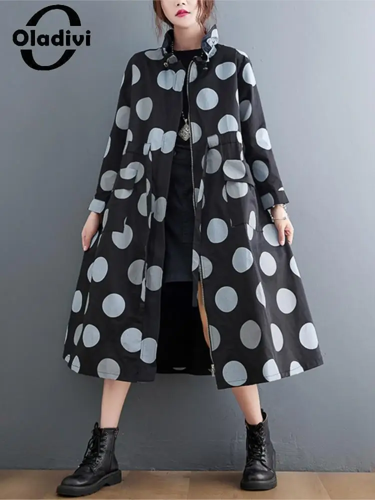 

Oladivi Fashion Polk Dot Print Nineth Sleeve Trench Coat 2022 Spring Autumn New Casual Overcoat Ladies Oversized Outerwears 8968