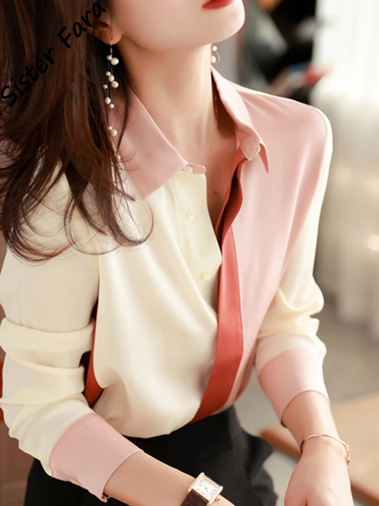 

Sister Fara Elegant Spliced Silk Blouses for Women Spring Single-breasted Blouses Autumn Ladies Turn-down Collar Casual Shirts