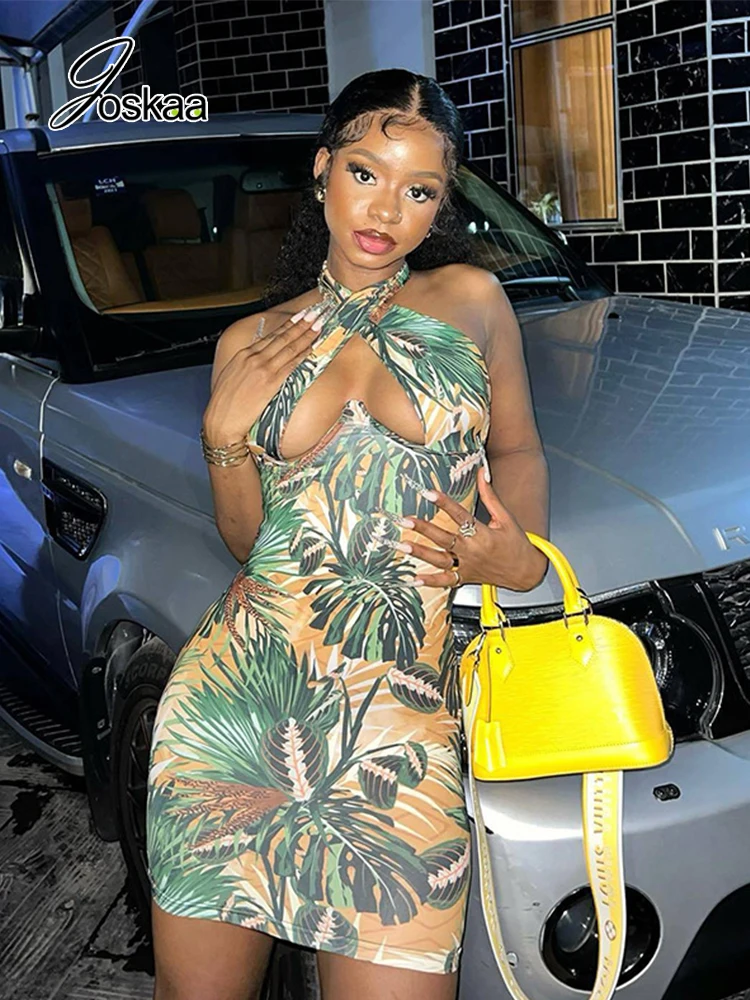 

Joskaa Printed Green Halter Sleeveless Bodycon Dresses for Women 2022 Summer Night Club Wear Sexy Hollow Out Backless Mini Dress