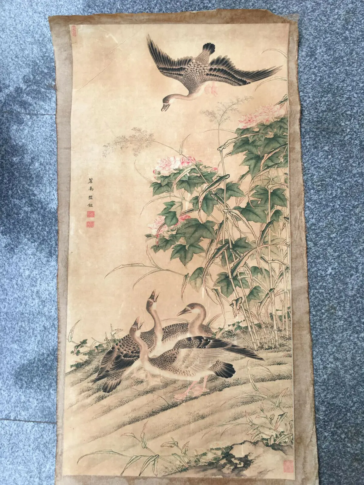 

Chinese Old Scroll Qiu Jian - Lotus reed and wild goose paintings Rice painting