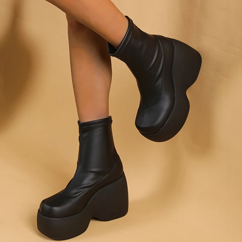 

Lucyever Black Chunky High Heels Ankle Boots Women 2022 Autumn Slip On Platform Boots Woman Stretch Wedges Goth Shoes Female 43