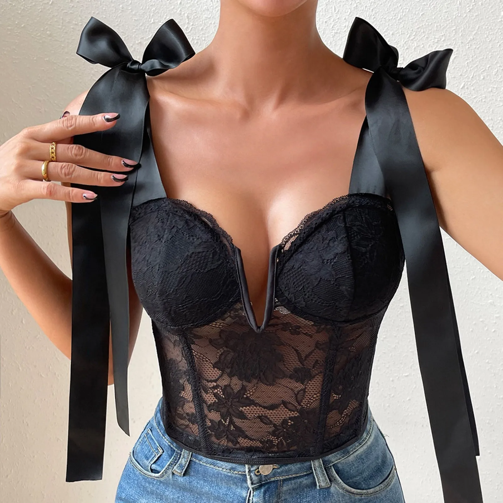 Женский сексуальный кружевной жилет элегантный прозрачный черный топ-дирндль