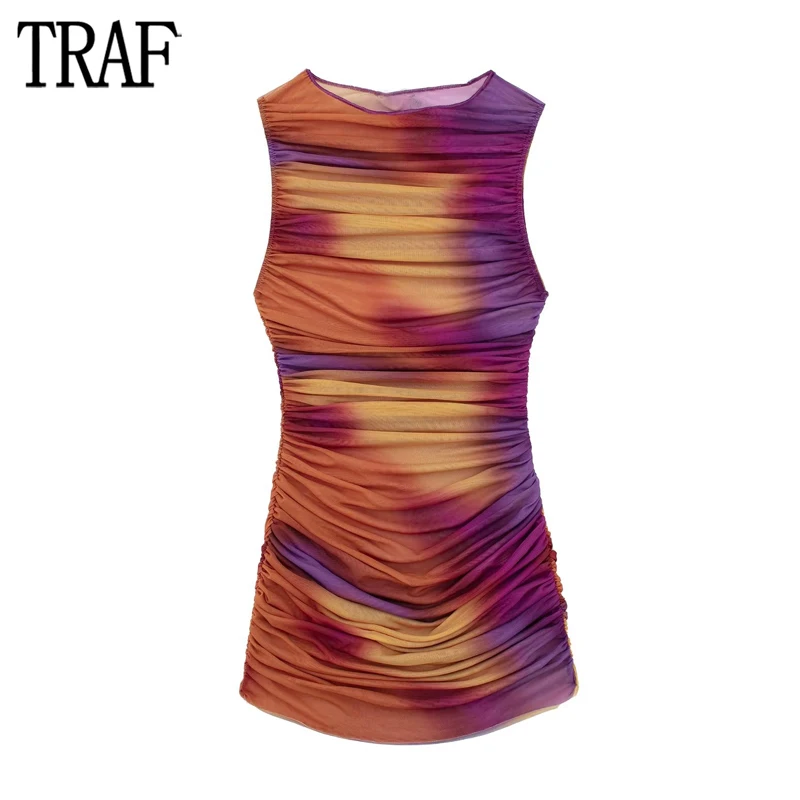 

TRAF 2023 Draped Tulle Dress Women Tie Dye Bodycon Mini Dress Woman Sleeveless Pleated Dresses for Women Beach Summer Dresses