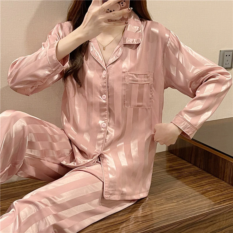 Pajamas women's spring and autumn long-sleeved jacquard vertical strips ice silk pink striped home service 2-piece suit