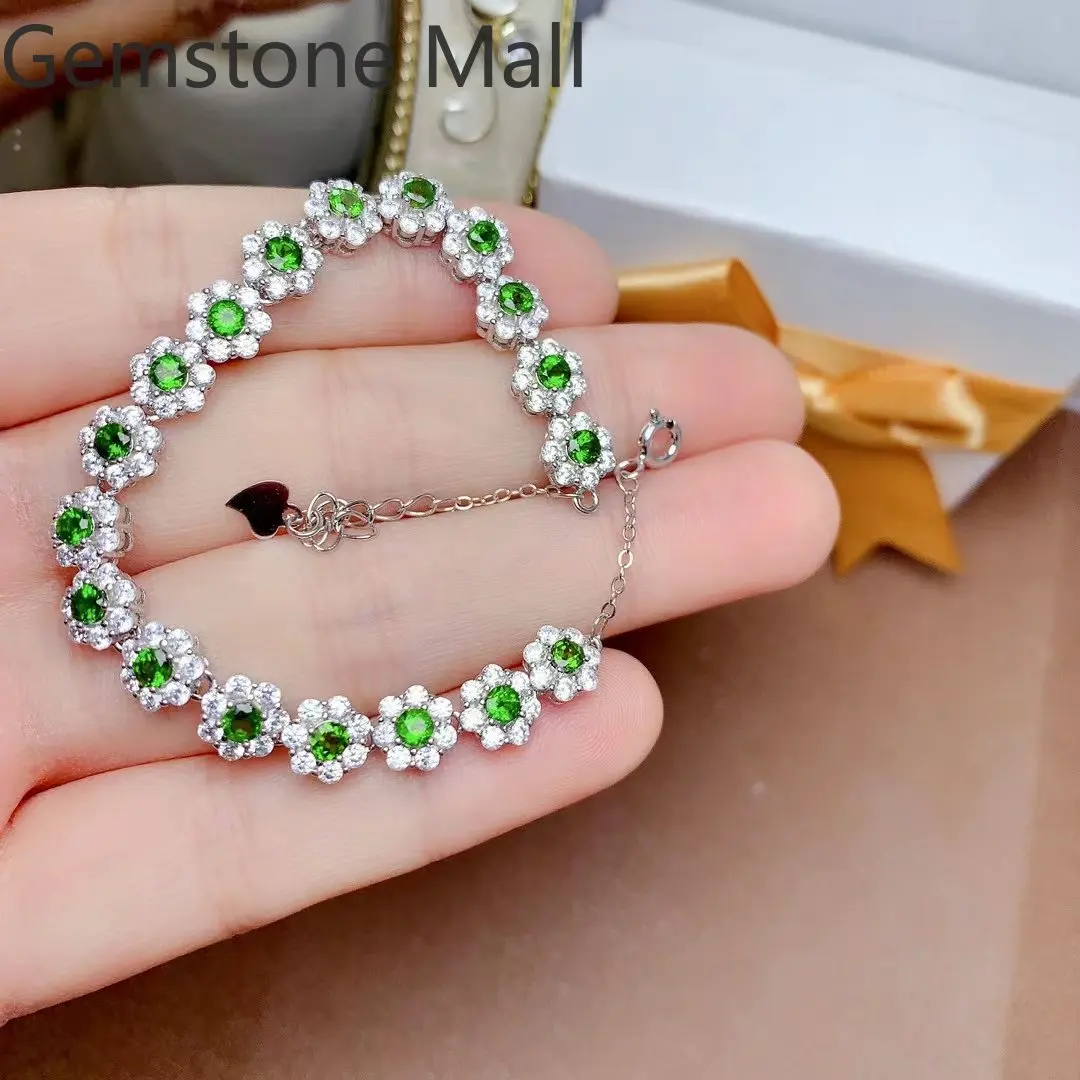 

925 Silver Flowers Bracelet 18 Pieces 3mm Total 1.8ct Natural Diopside Bracelet for Daily Wear 3 Layers Gold Plating No Fading