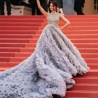 o neck crystals beaded tulle ball gown grey evening dresses with long train elegant celebrity dresses zipper puffly woman gown