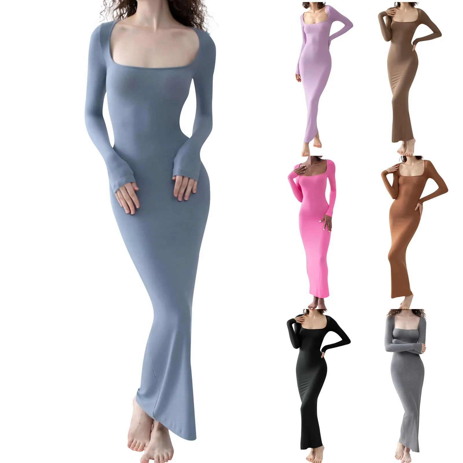 

Женское трикотажное платье-свитер с длинным рукавом и квадратным вырезом