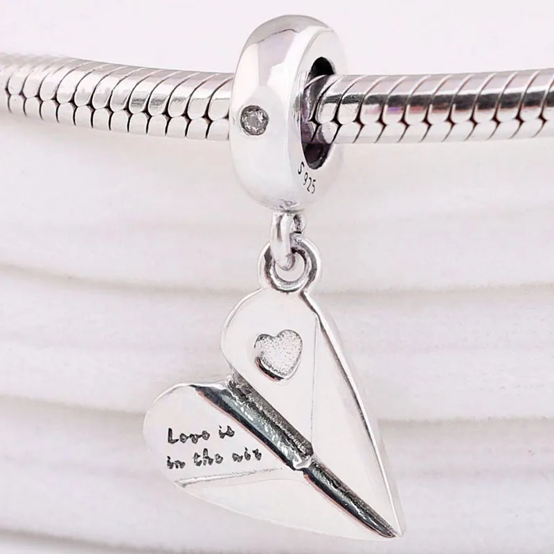 

New Heart Paper Plane Engraving Love Is In The Air Pendant Beads Fit 925 Sterling Silver Charm Bracelet Diy Jewelry