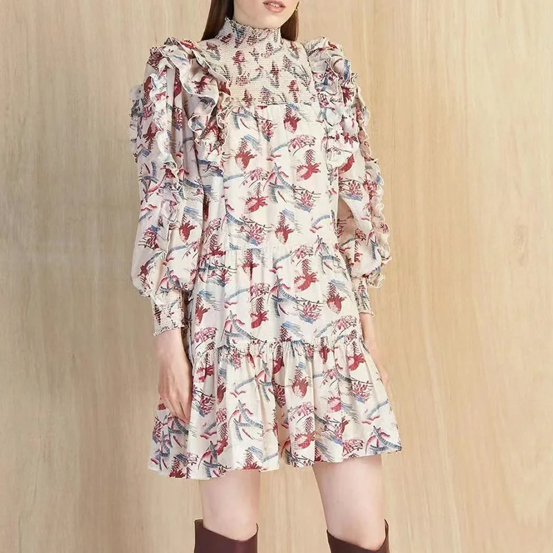 

Women Turtleneck Floral Print Pleated Mini Dress Female Lantern Sleeve 2021 New Ruffles Stitching Fashion Elegant Short Robe