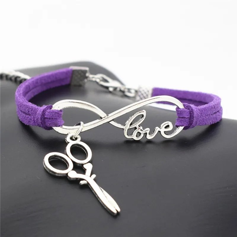 

2022 Stylish Christmas Gift Unique Barber Scissors Love Infinity Charm Purple Leather Rope Bracelets for Women Men Wrist Jewelry