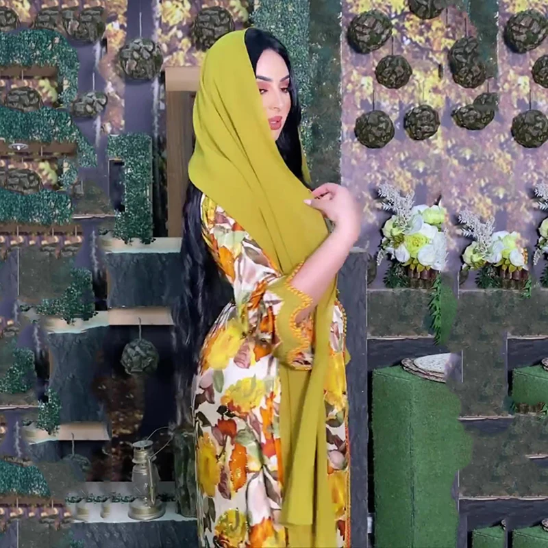 Print Abayas For Women Dubai 2022 With Belt Turkish Hijab Middle East Jalabiya Eid Muslim Kaftan Dresses Abaya Jellaba Moroccan