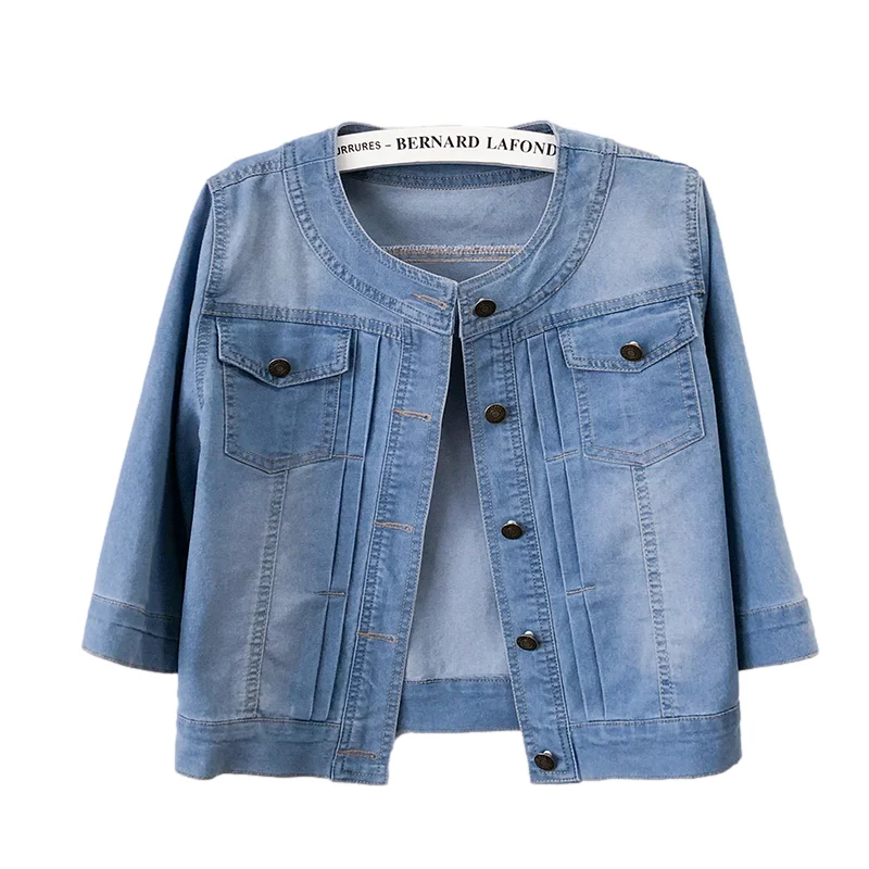 

Korean Vintage Denim Jacket Coat Women Elasticity Slim Short Cowboy Outwear O Neck Big Pocket Three Quarter Jeans Jackets Female
