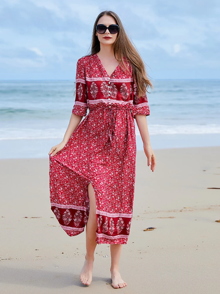 

2023 Summer New Elegant Dresses for WomenBohemian V-Neck Seaside Holiday Oversize Printing Single Breasted Vintage Dress Robe